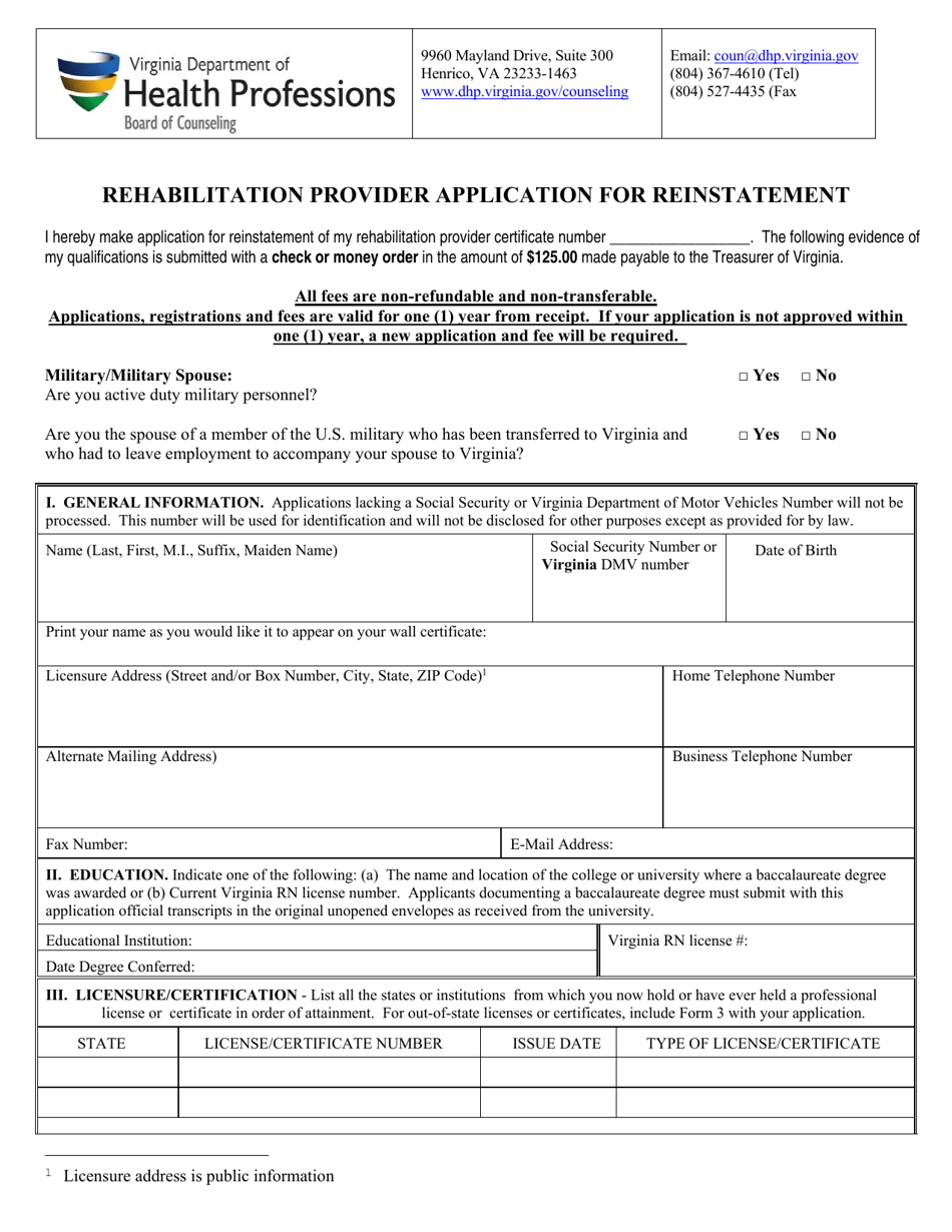 Rehabilitation Provider Application for Reinstatement - Virginia, Page 1