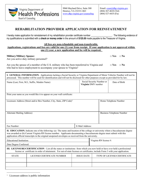 Rehabilitation Provider Application for Reinstatement - Virginia Download Pdf