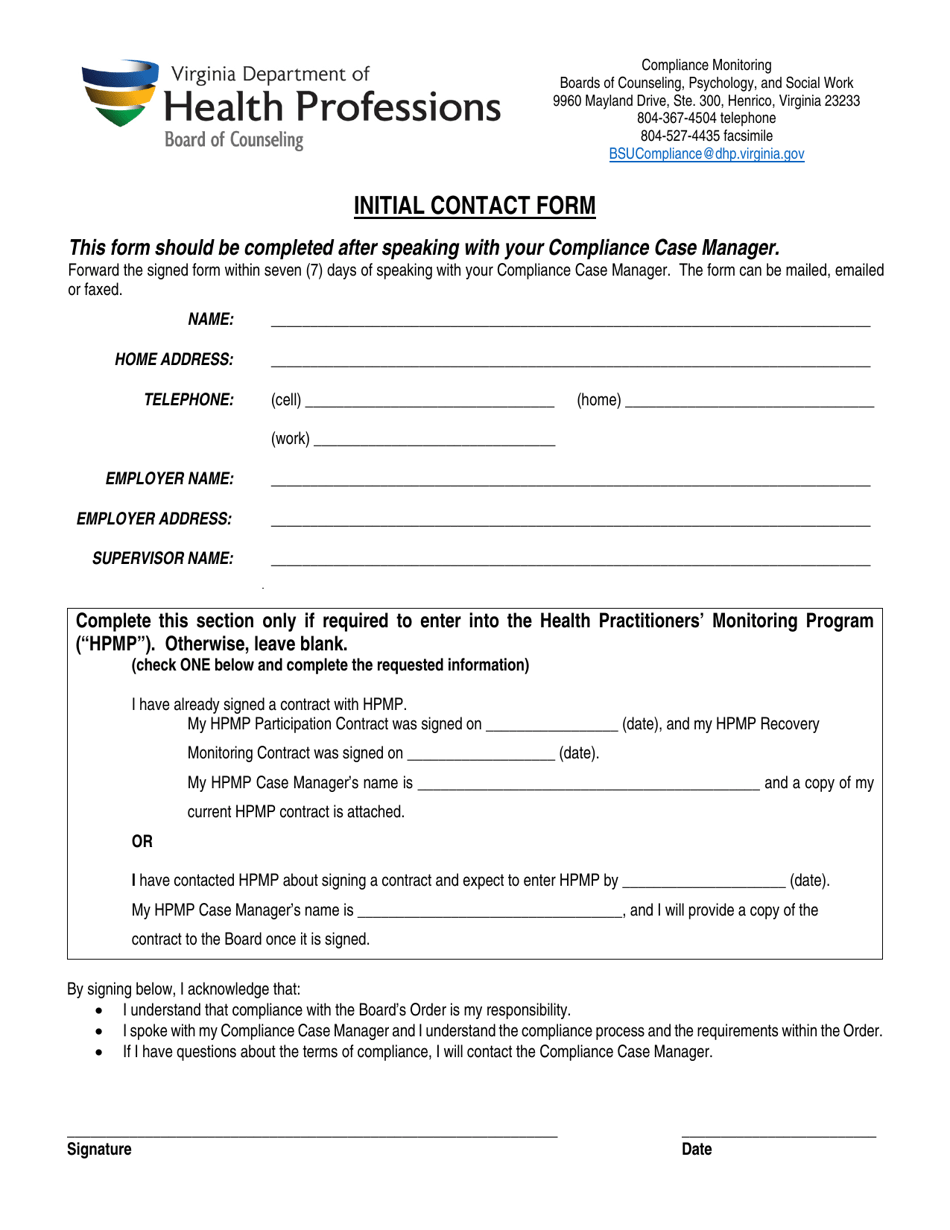 Initial Contact Form - Virginia, Page 1