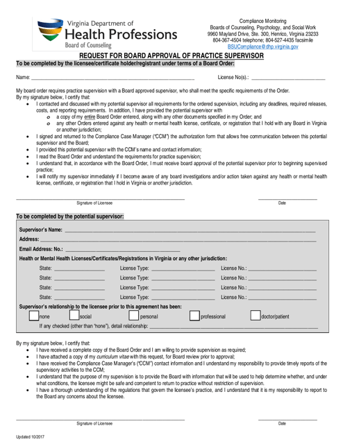 Request for Board Approval of Practice Supervisor - Virginia Download Pdf