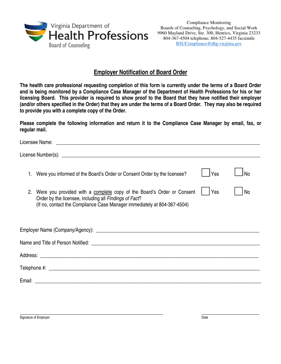 Employer Notification of Board Order - Virginia, Page 1