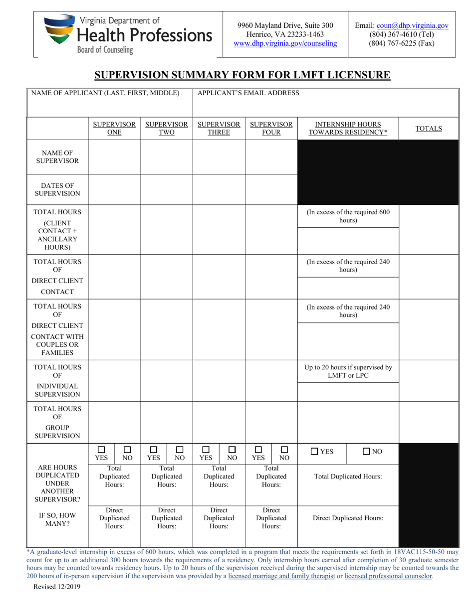 Supervision Summary Form for Lmft Licensure - Virginia, Page 1