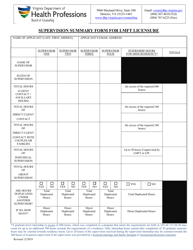 Document preview: Supervision Summary Form for Lmft Licensure - Virginia