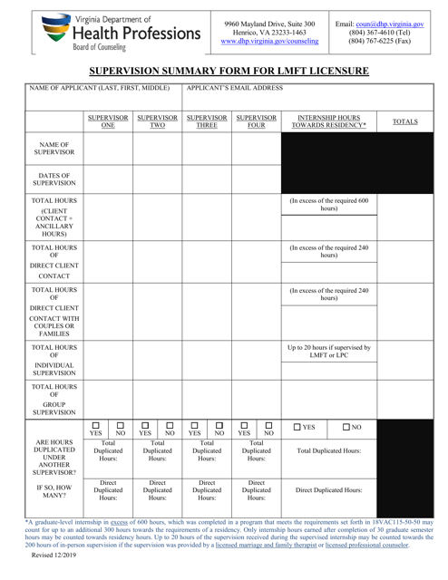Supervision Summary Form for Lmft Licensure - Virginia