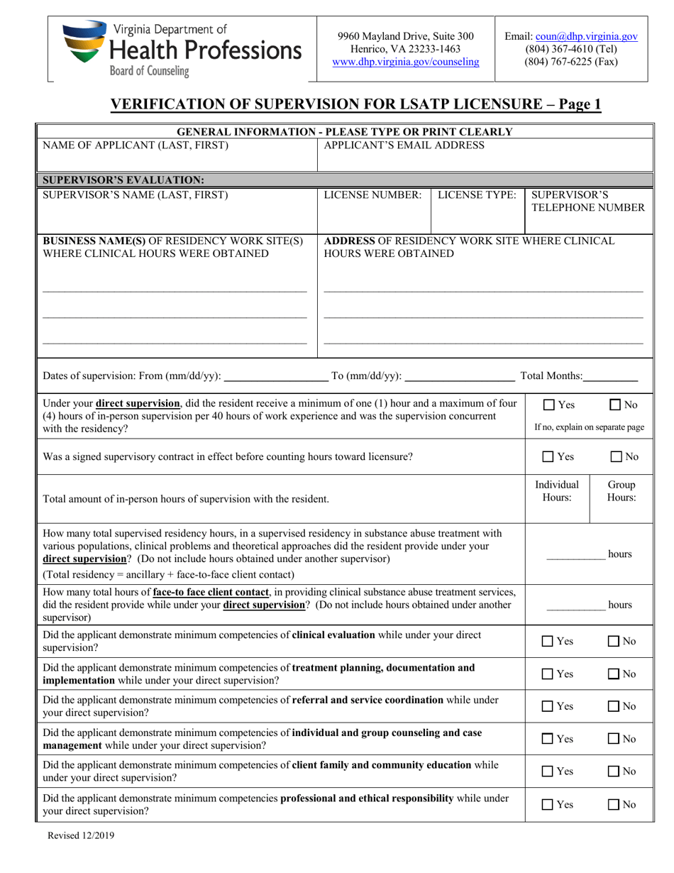 Verification of Supervision for Lsatp Licensure - Virginia, Page 1