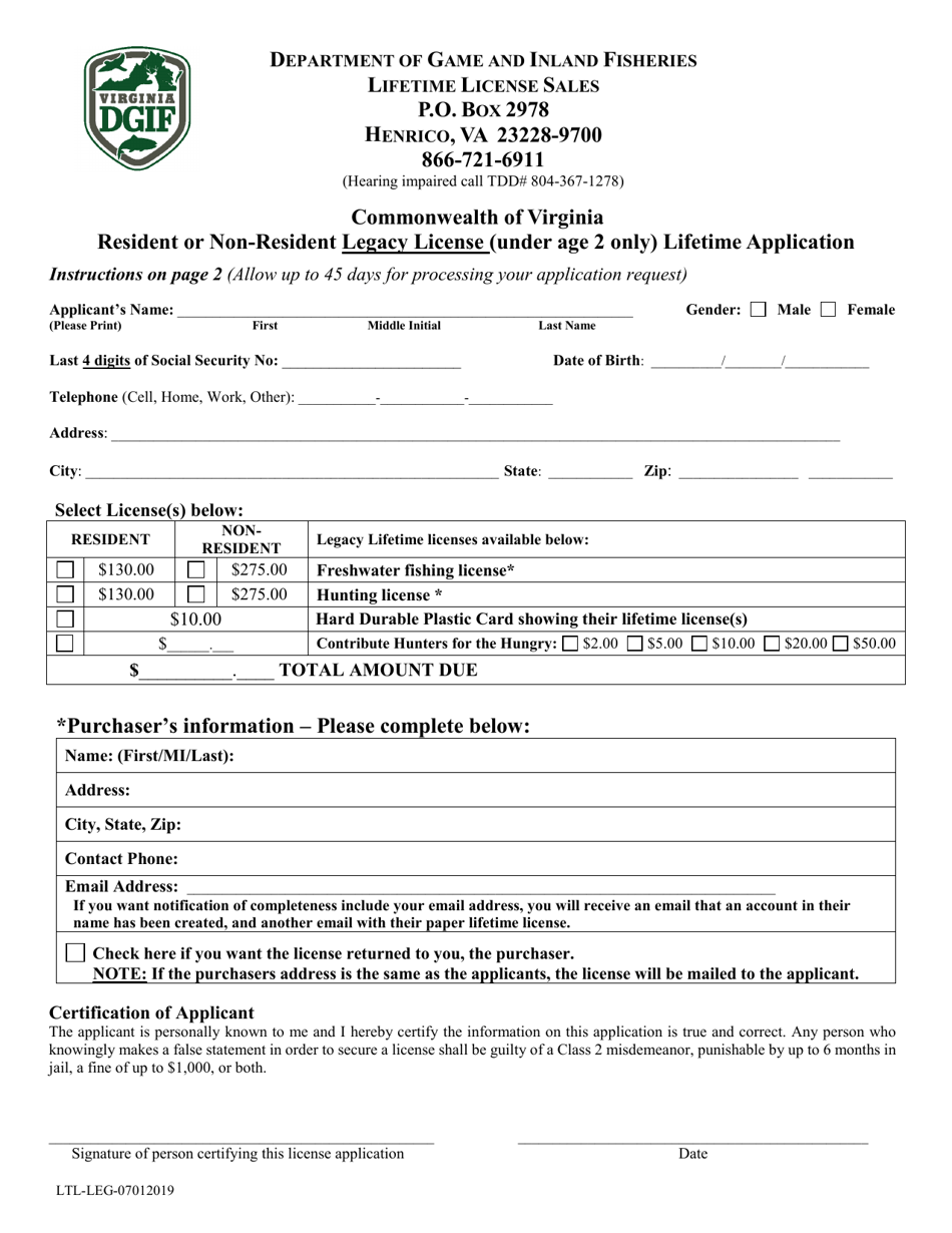 Resident or Non-resident Legacy License (Under Age 2 Only) Lifetime Application - Virginia, Page 1