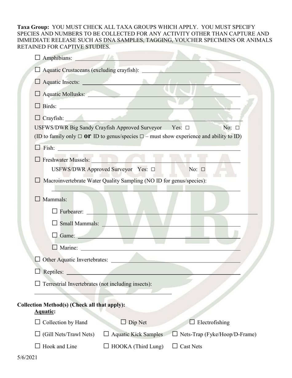 Application for Virginia Scientific Collection / Research / Survey Permit (28 - Scsv) - Virginia, Page 2