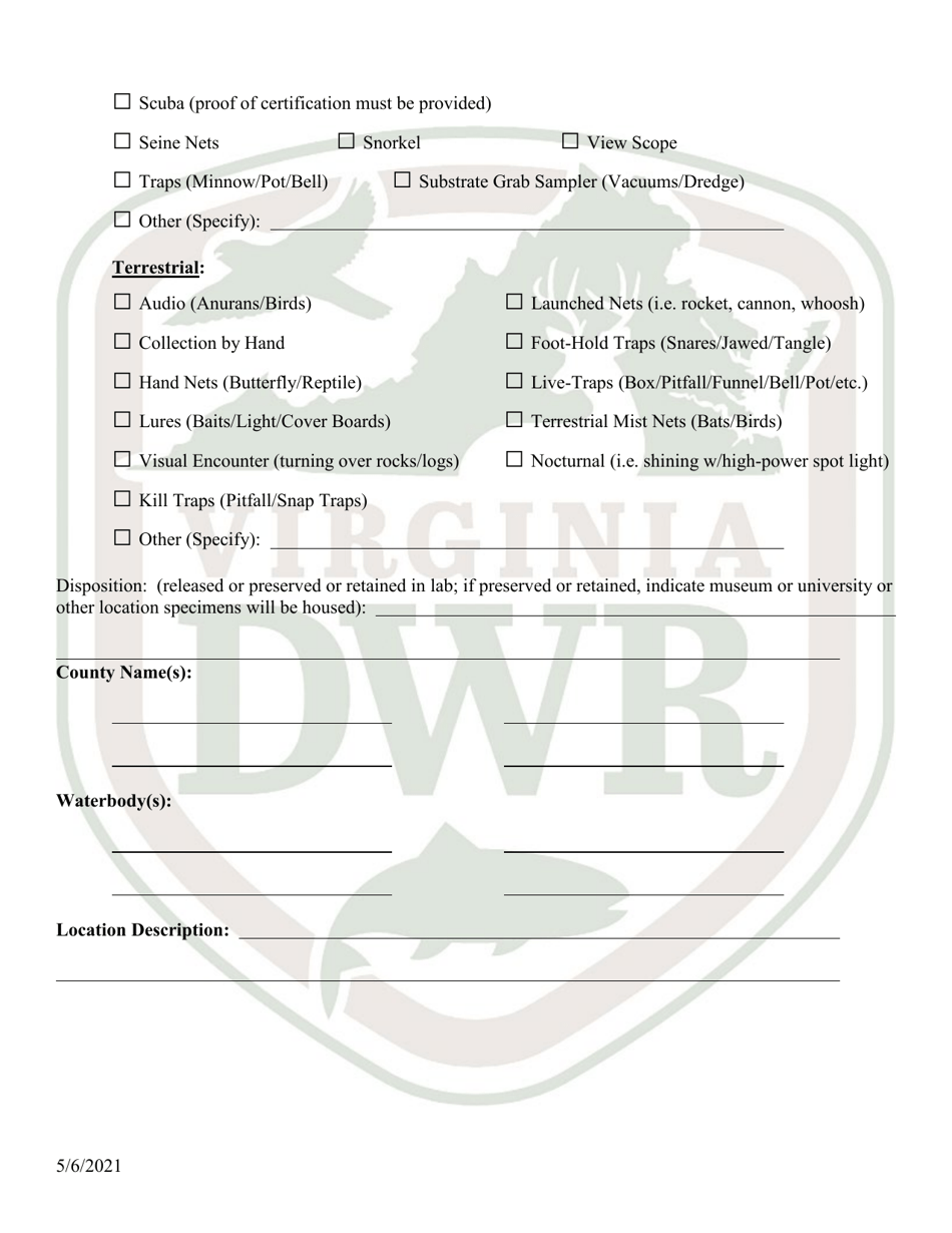 Application for Virginia Scientific Collection / Research / Survey Permit (28 - Scsv) - Virginia, Page 3