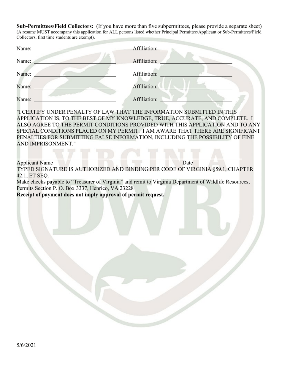 Application for Virginia Scientific Collection / Research / Survey Permit (28 - Scsv) - Virginia, Page 4