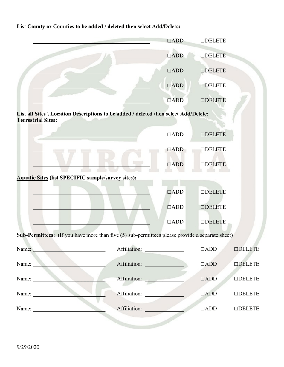 Supplemental Amendment Form for: Virginia Scientific Collection, Research, Survey Permit / Salvage Permit / Threatened  Endangered Species Collection Permit - Virginia, Page 4