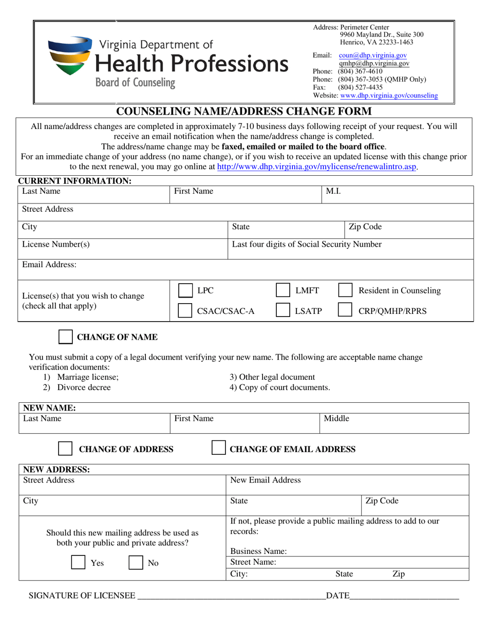 Counseling Name / Address Change Form - Virginia, Page 1