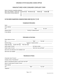 &quot;Manufactured Home Consumer Complaint Form&quot; - Virginia