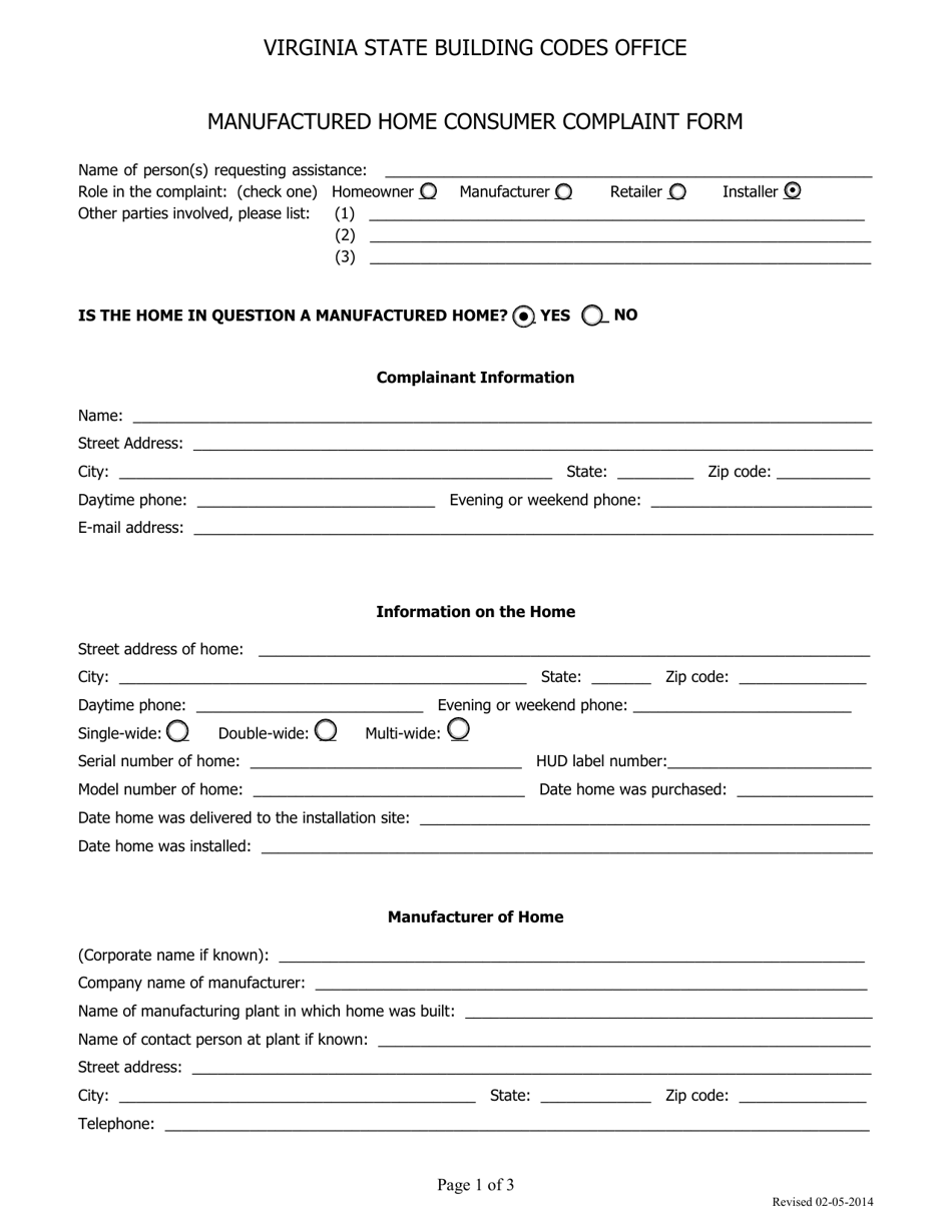 Manufactured Home Consumer Complaint Form - Virginia, Page 1