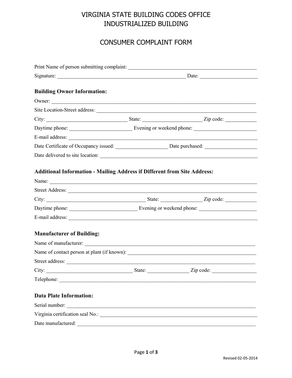 Industrialized Building Consumer Complaint Form - Virginia, Page 1