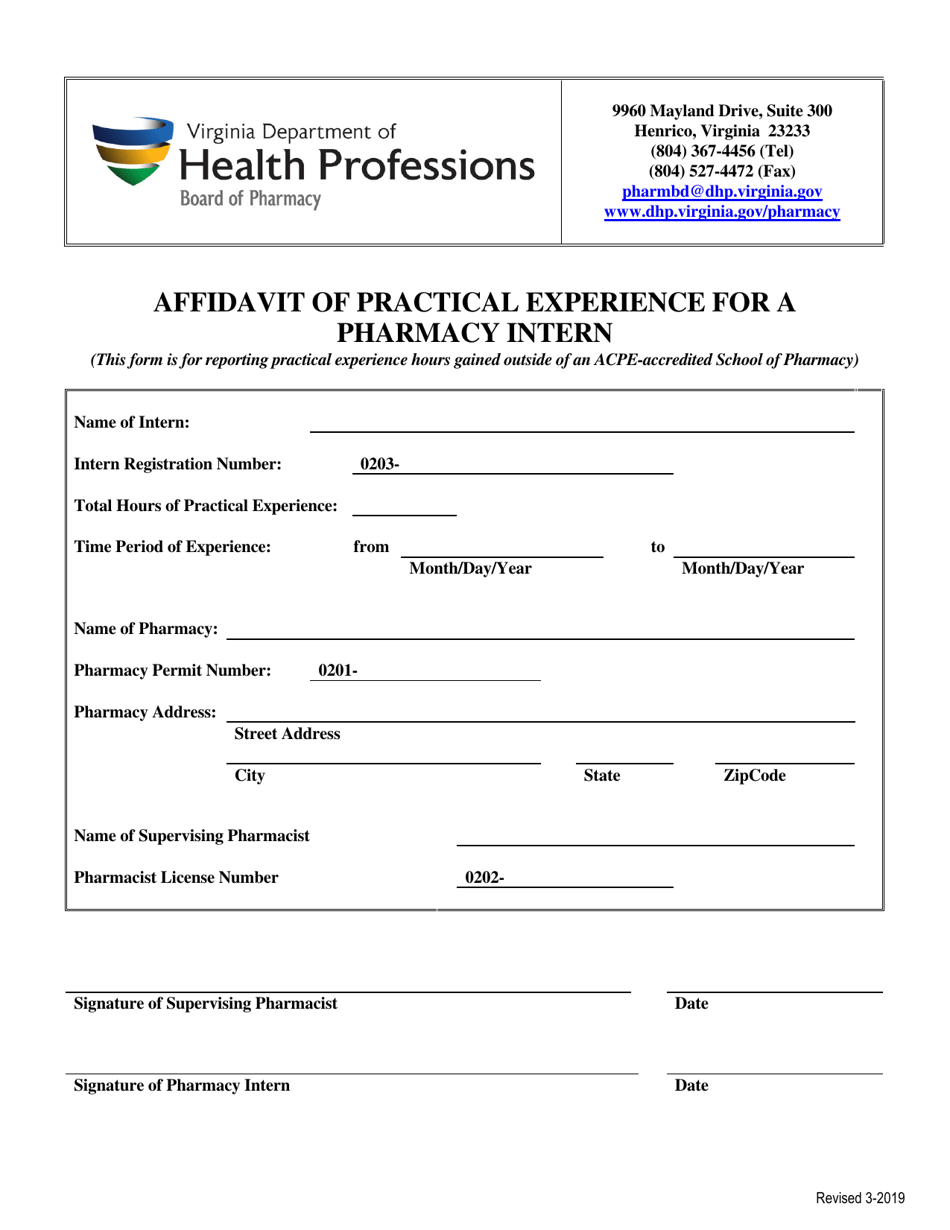 Affidavit of Practical Experience for a Pharmacy Intern - Virginia, Page 1
