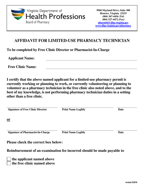 Affidavit for Limited-Use Pharmacy Technician - Virginia Download Pdf