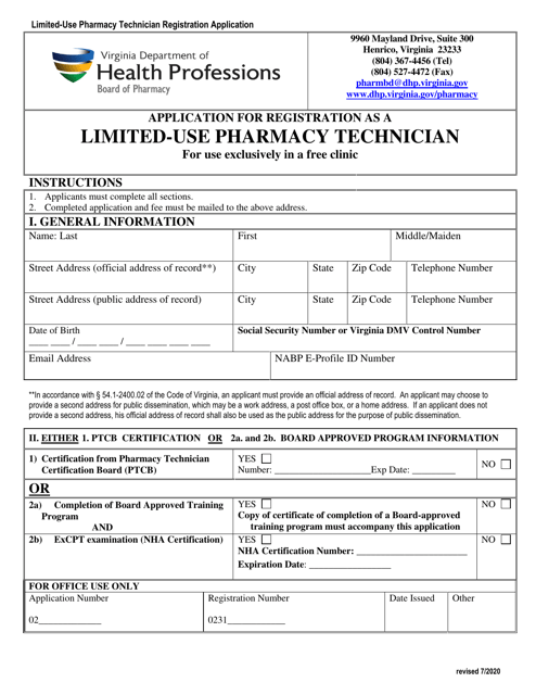 Application for Registration as a Limited-Use Pharmacy Technician - Virginia Download Pdf