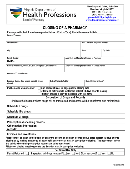 Closing of a Pharmacy - Virginia Download Pdf