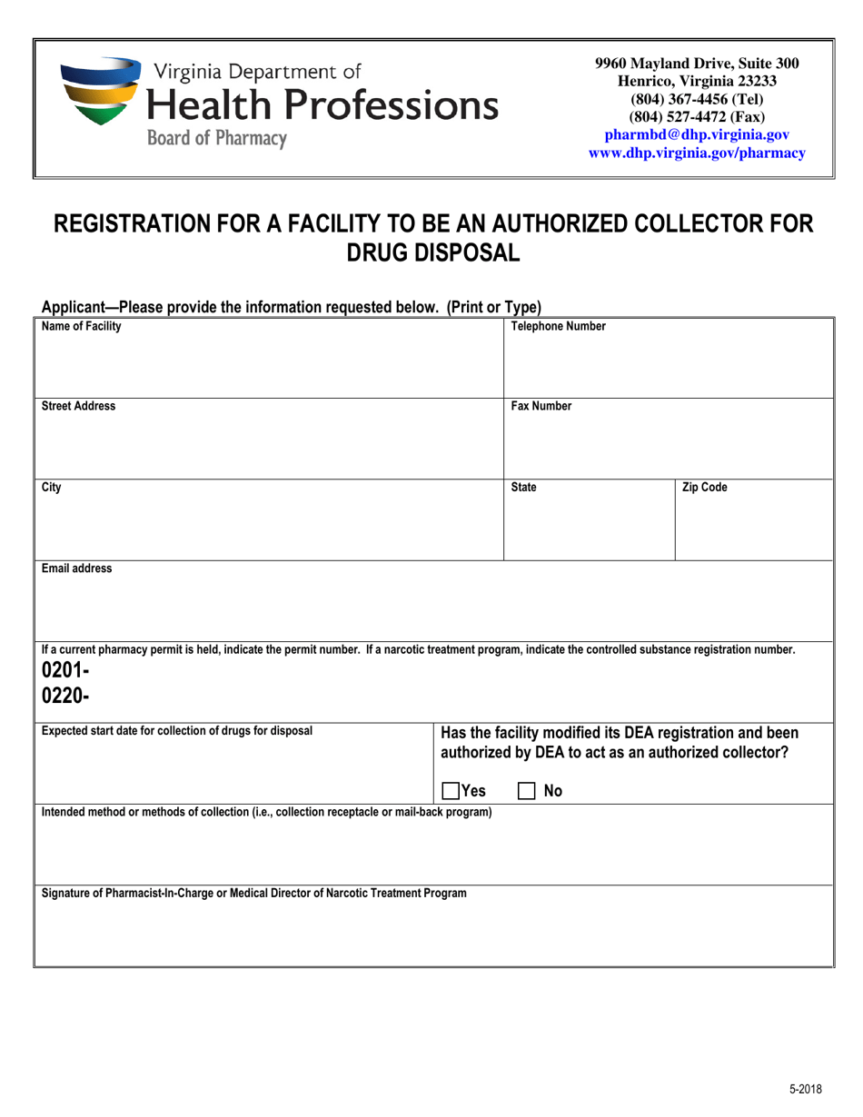 Registration for a Facility to Be an Authorized Collector for Drug Disposal - Virginia, Page 1