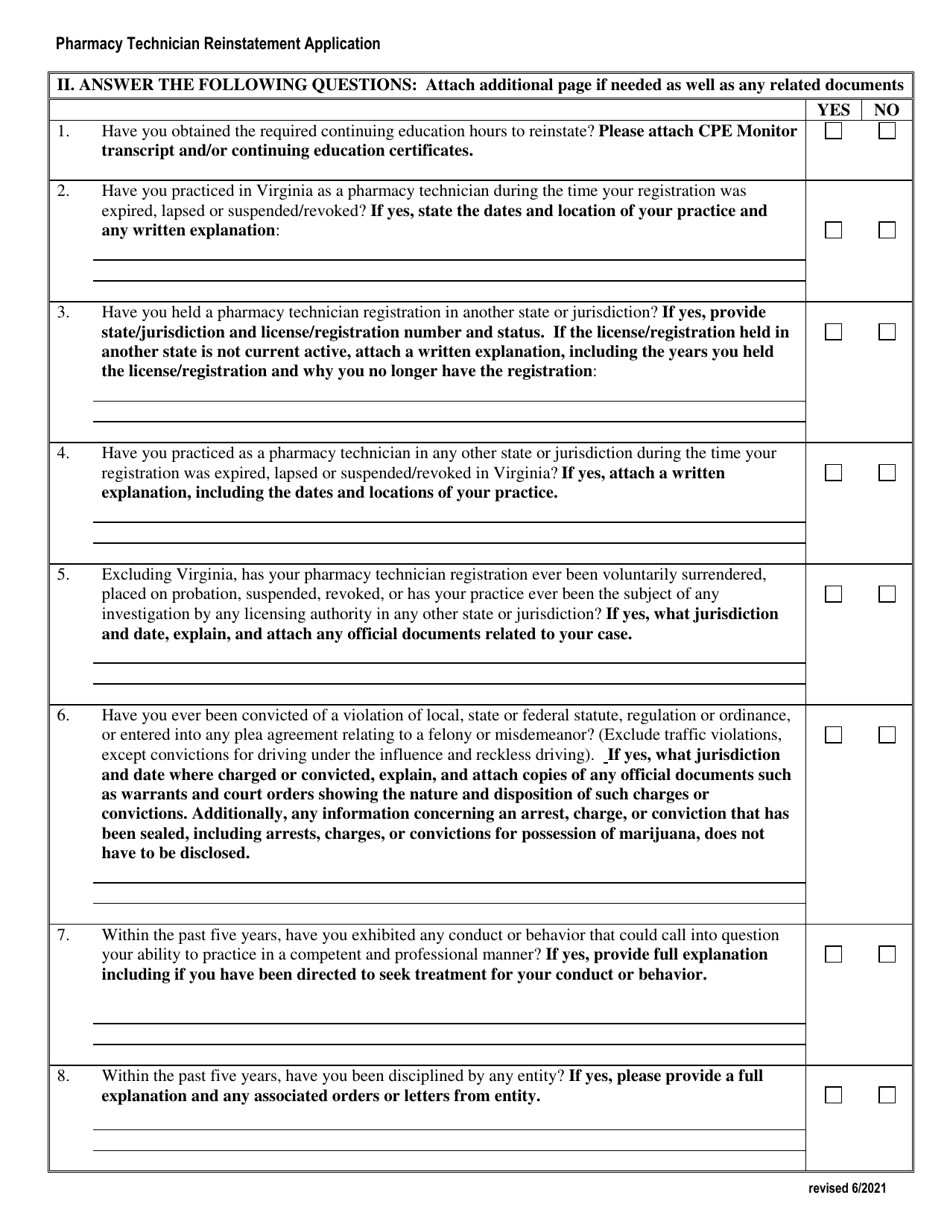 Application to Reinstate a Pharmacy Technician Registration - Virginia, Page 3