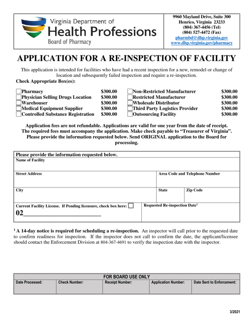 Application for a Re-inspection of Facility - Virginia Download Pdf