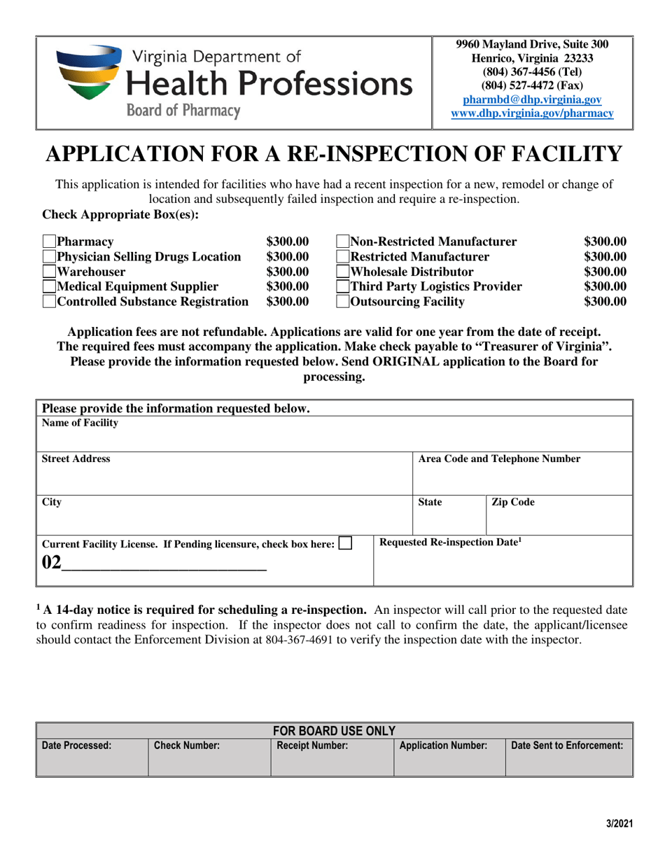 Application for a Re-inspection of Facility - Virginia, Page 1