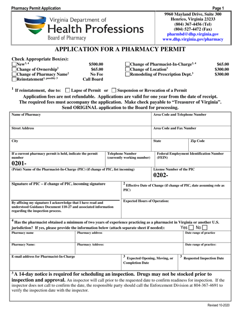 Application for a Pharmacy Permit - Virginia Download Pdf