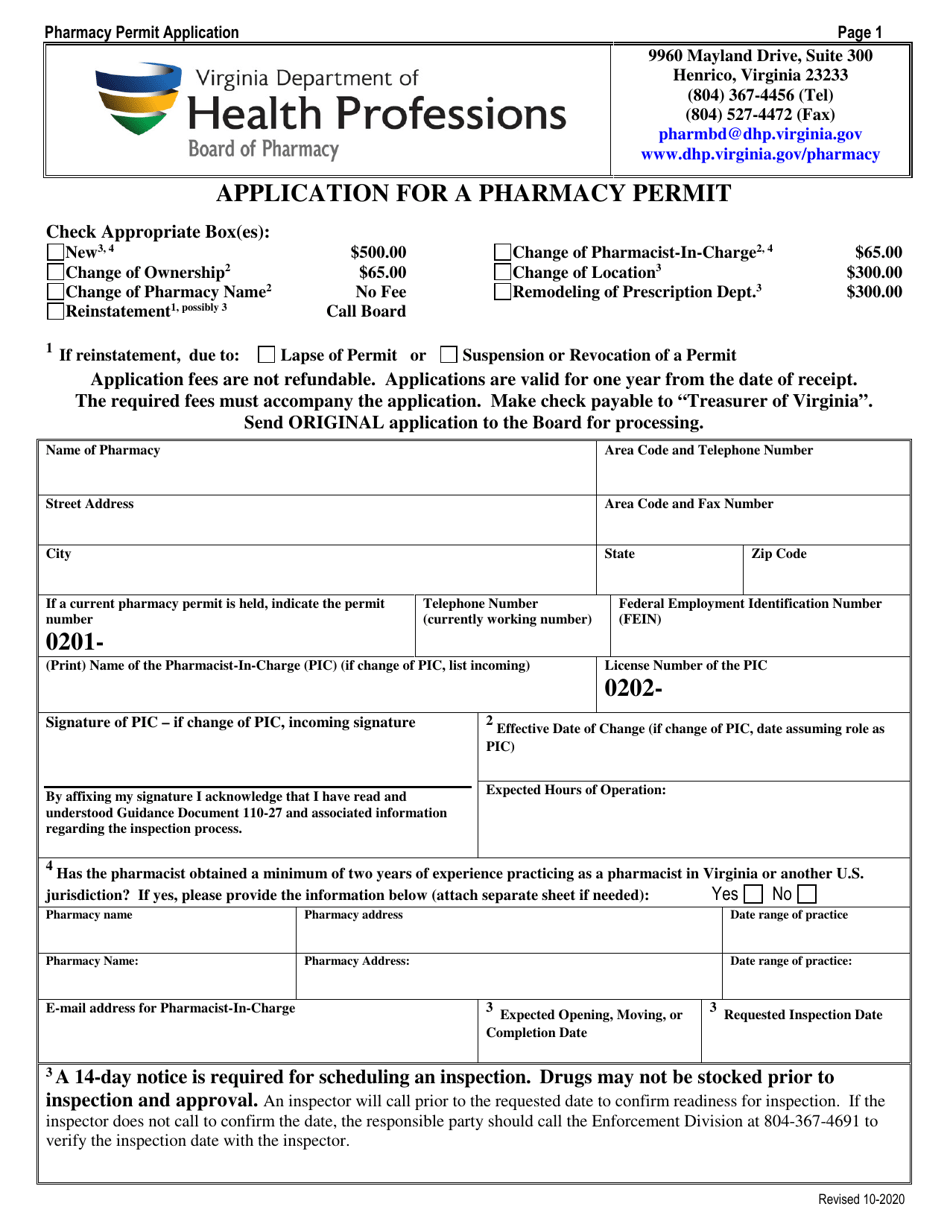 Application for a Pharmacy Permit - Virginia, Page 1