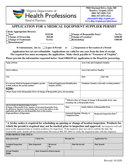 Application for a Medical Equipment Supplier Permit - Virginia Download Pdf