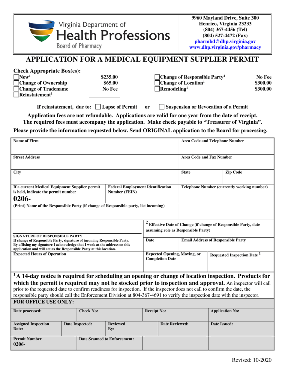 Application for a Medical Equipment Supplier Permit - Virginia, Page 1