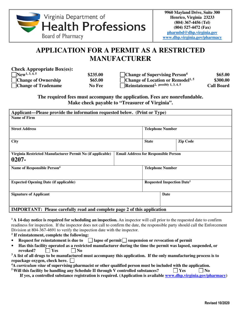Application for a Permit as a Restricted Manufacturer - Virginia, Page 1