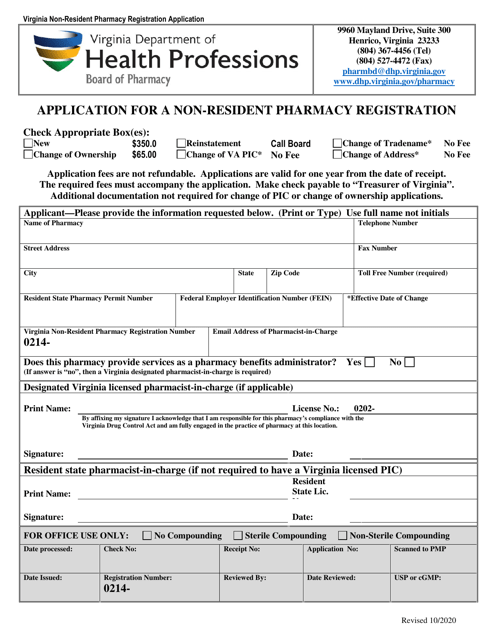 Application for a Non-resident Pharmacy Registration - Virginia Download Pdf