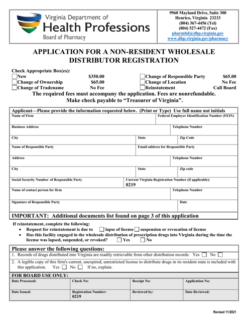 Application for a Non-resident Wholesale Distributor Registration - Virginia Download Pdf