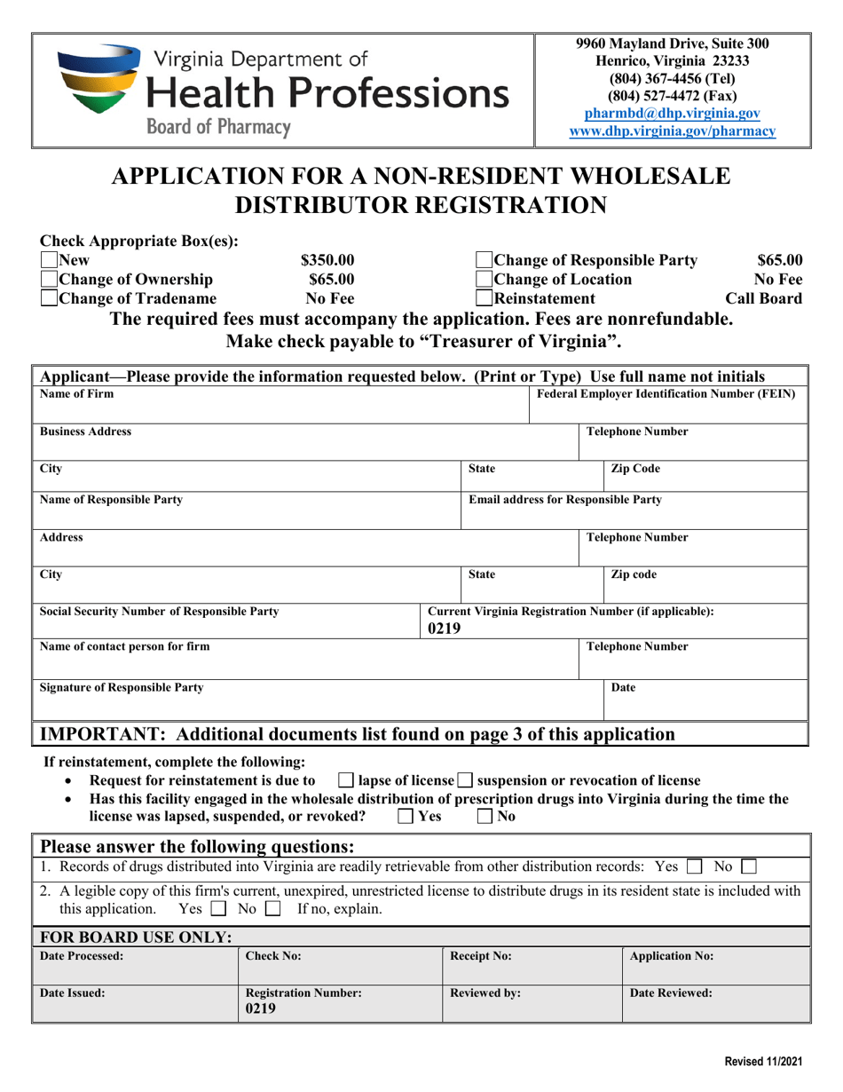 Virginia Application for a Nonresident Wholesale Distributor