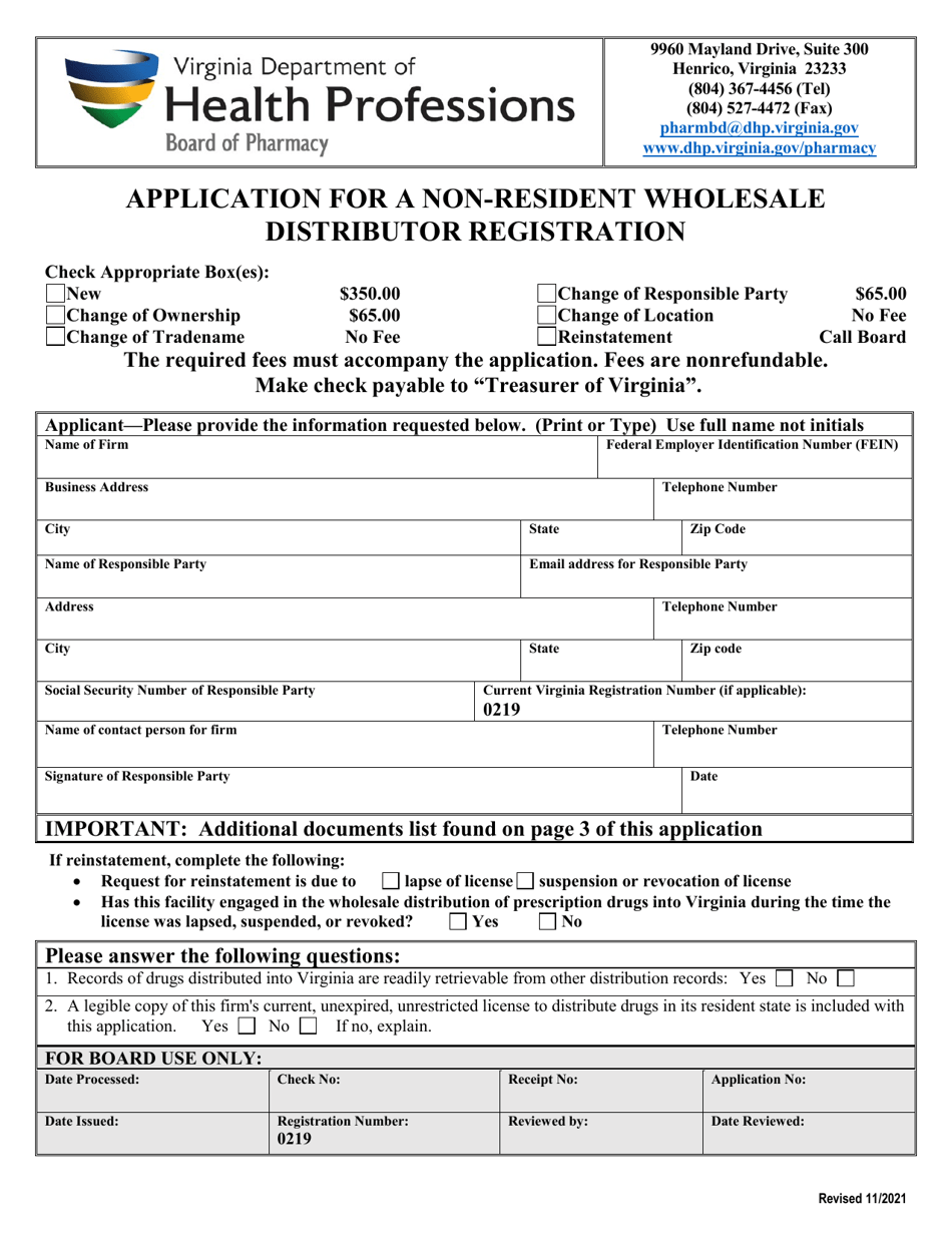 Application for a Non-resident Wholesale Distributor Registration - Virginia, Page 1