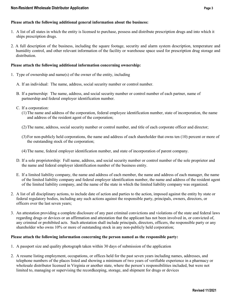 Application for a Non-resident Wholesale Distributor Registration - Virginia, Page 3