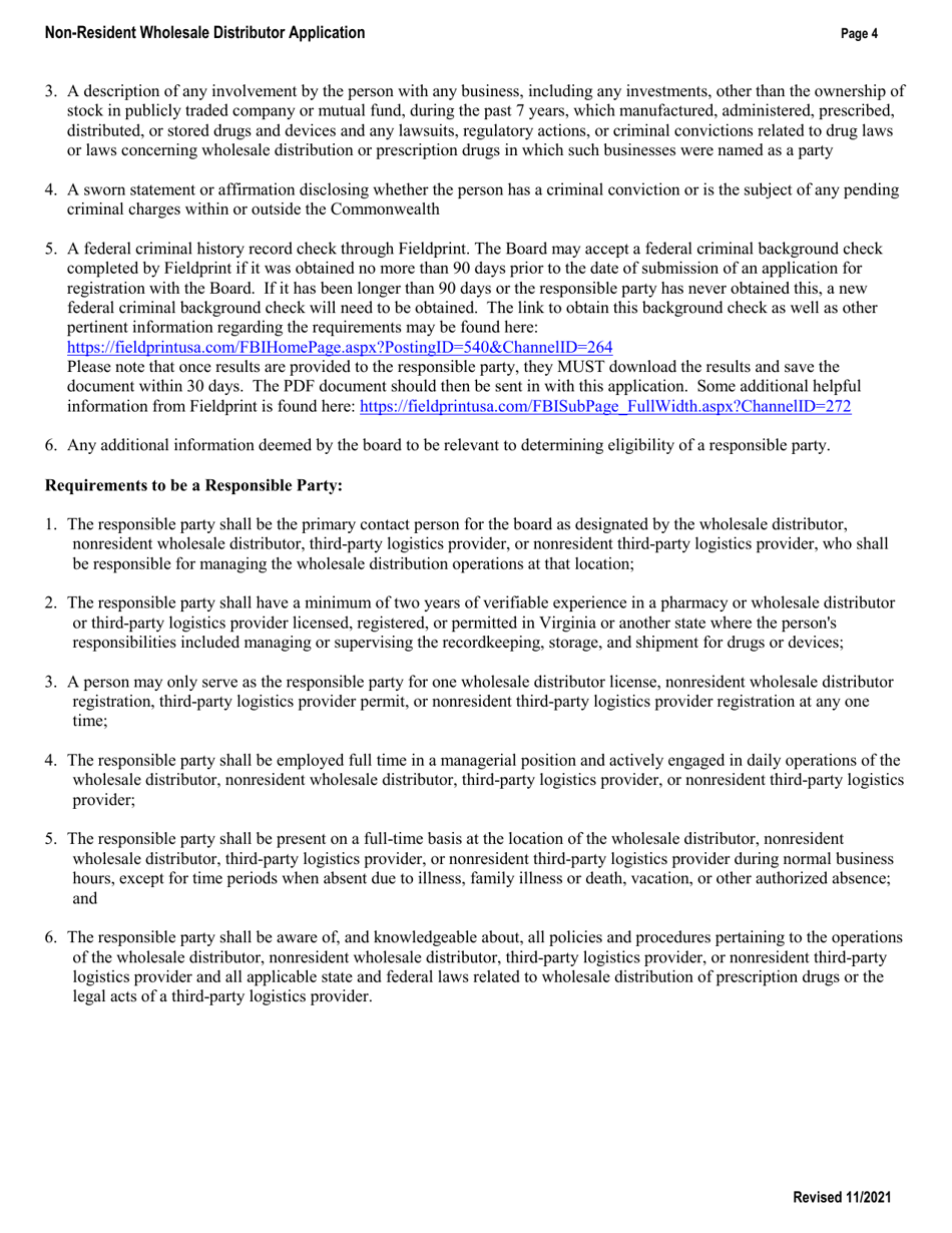 Application for a Non-resident Wholesale Distributor Registration - Virginia, Page 4
