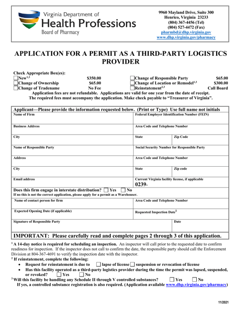 Application for a Permit as a Third-Party Logistics Provider - Virginia Download Pdf