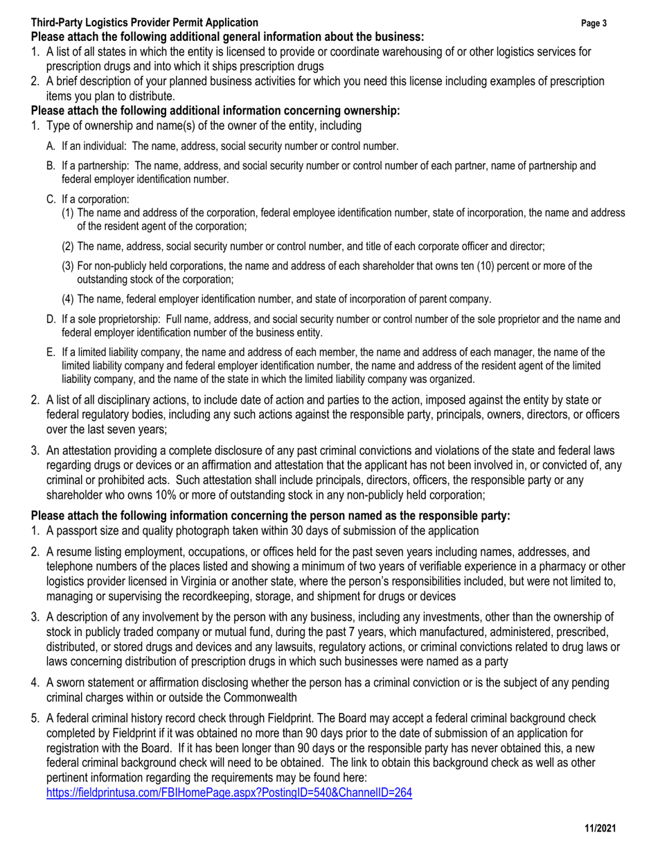 Application for a Permit as a Third-Party Logistics Provider - Virginia, Page 3