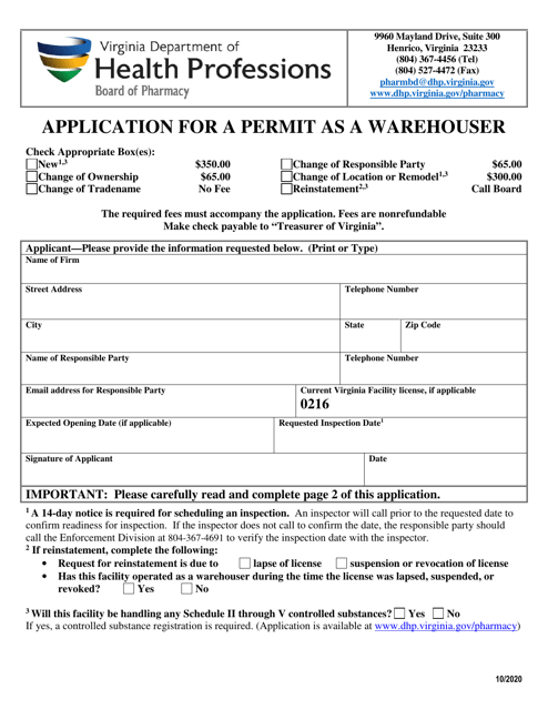 Application for a Permit as a Warehouser - Virginia Download Pdf
