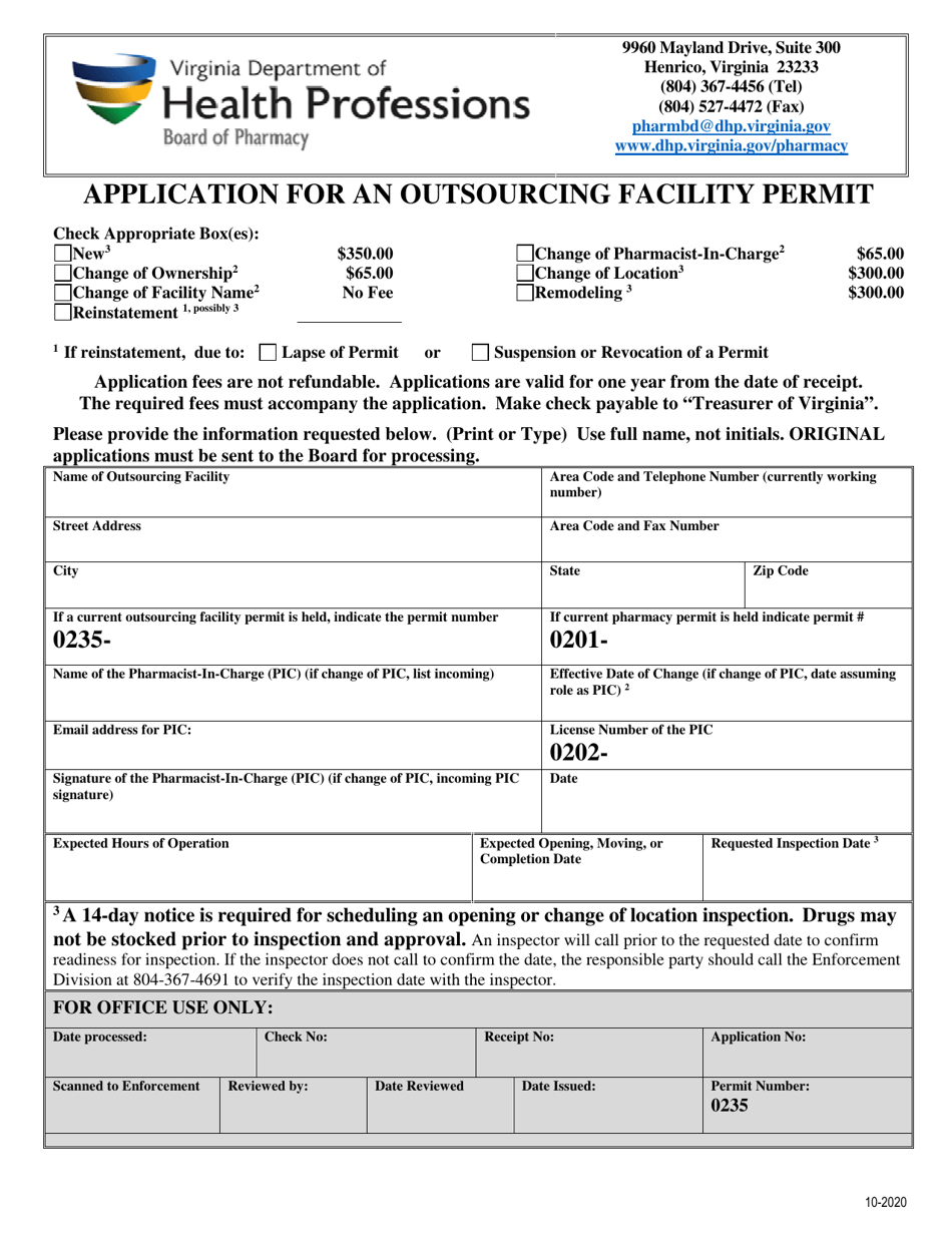 Application for an Outsourcing Facility Permit - Virginia, Page 1