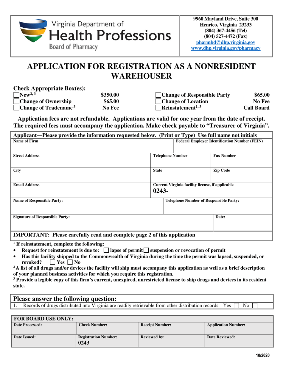 Application for Registration as a Non-resident Warehouser - Virginia, Page 1