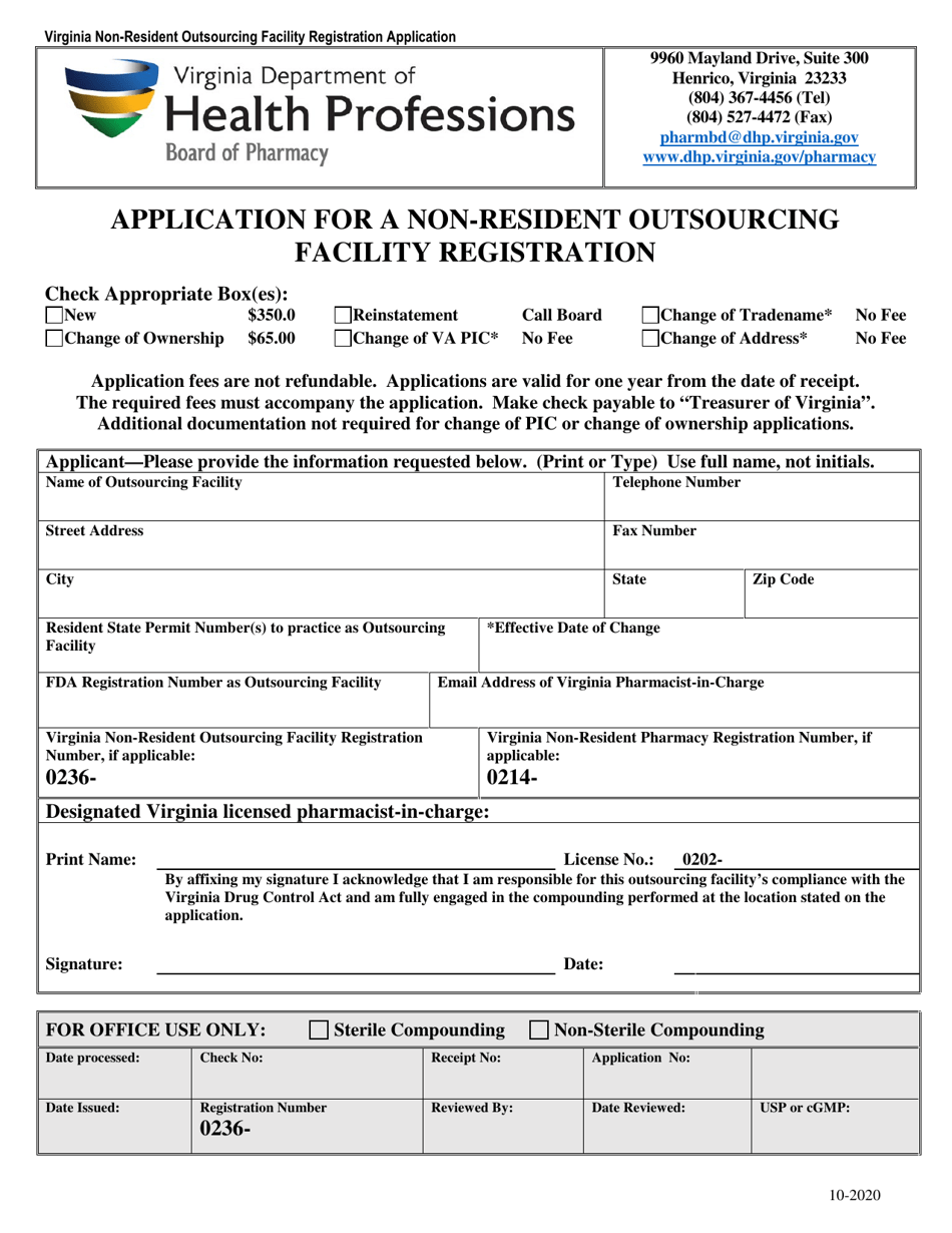 Application for a Non-resident Outsourcing Facility Registration - Virginia, Page 1