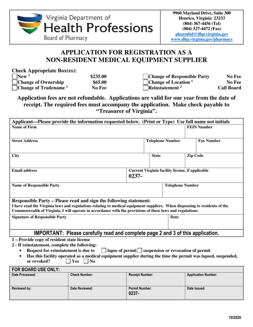 Application for Registration as a Non-resident Medical Equipment Supplier - Virginia Download Pdf