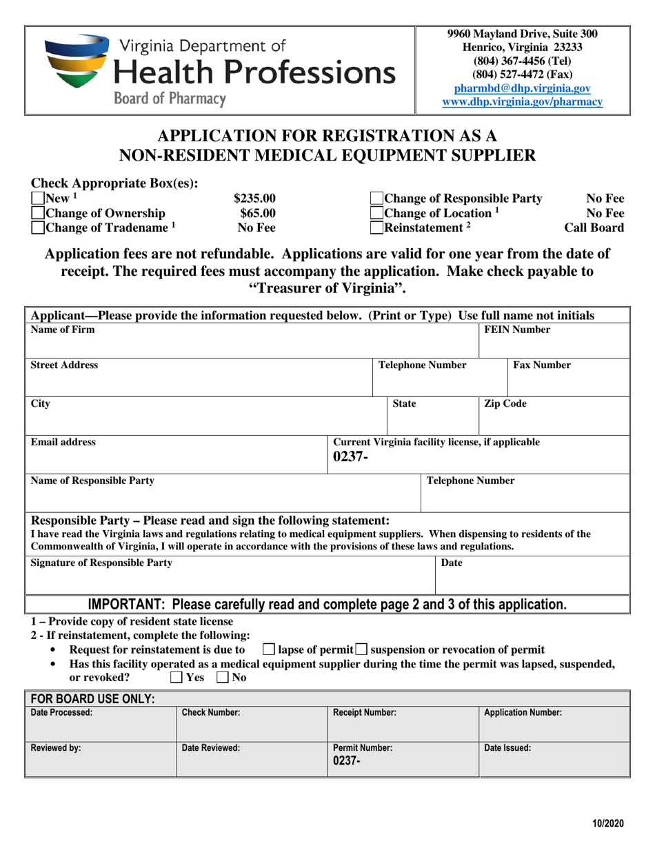 Application for Registration as a Non-resident Medical Equipment Supplier - Virginia, Page 1