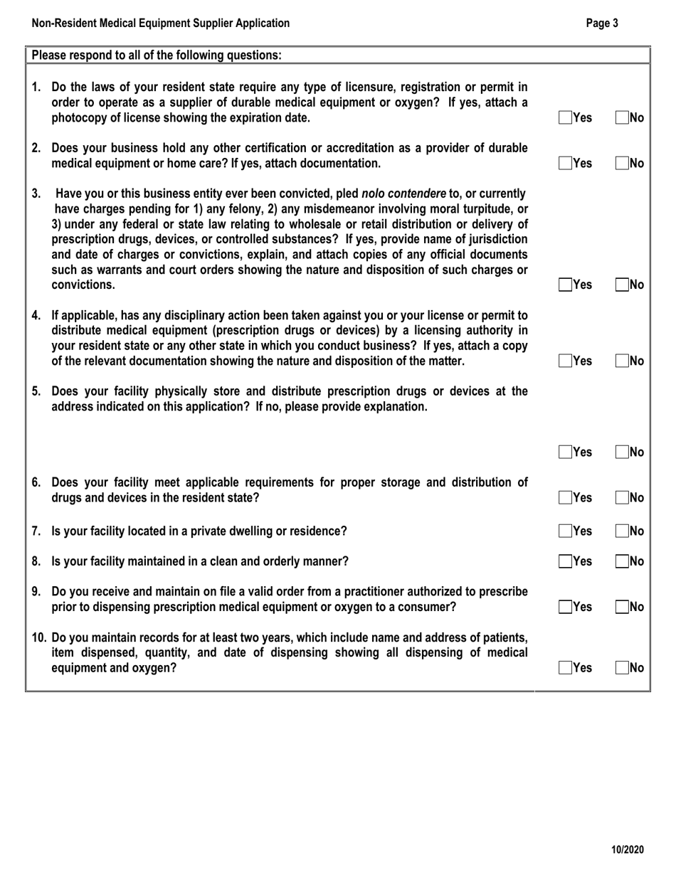Application for Registration as a Non-resident Medical Equipment Supplier - Virginia, Page 3