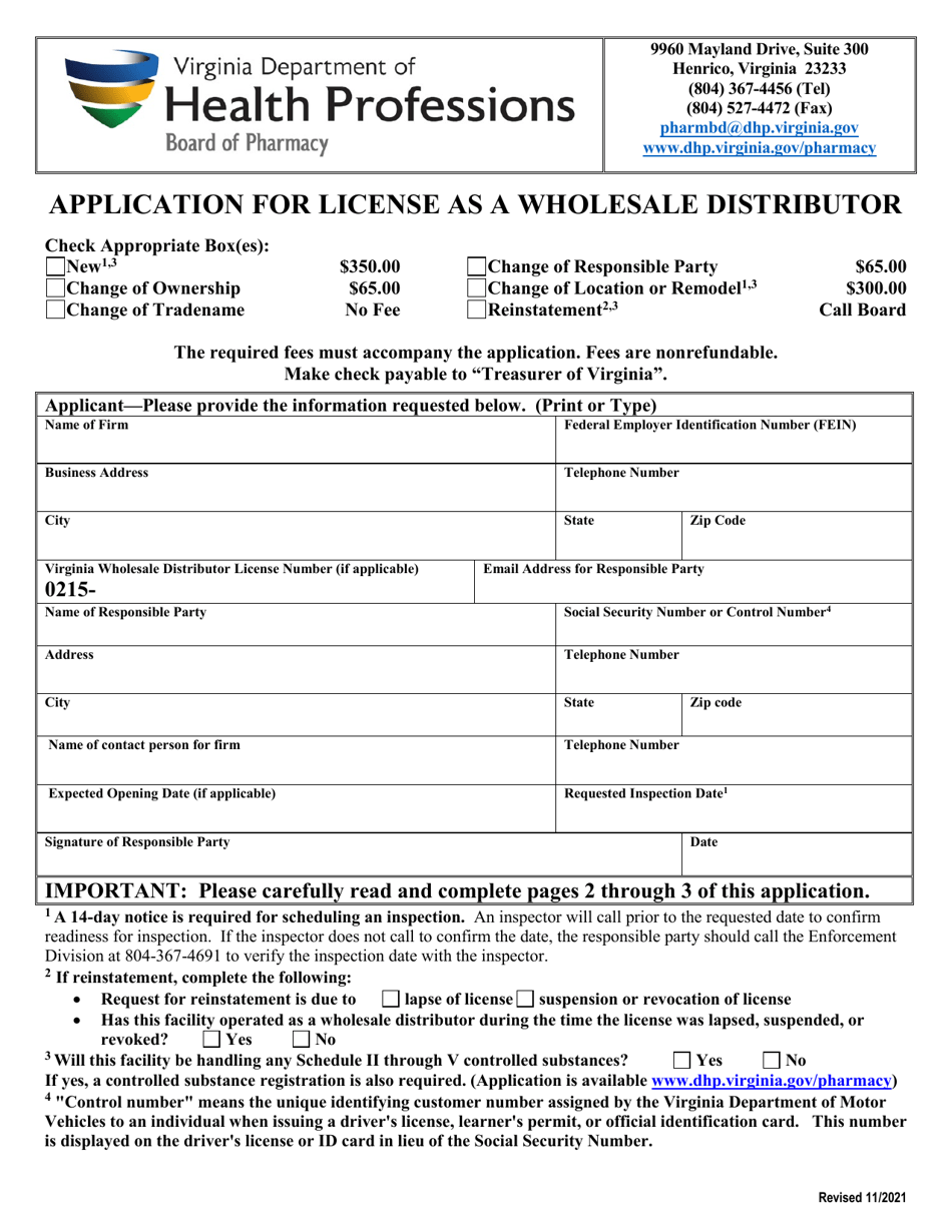 Virginia Application for License as a Wholesale Distributor Fill Out