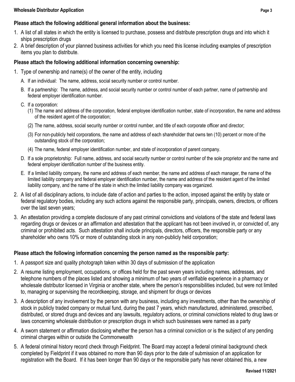 Virginia Application for License as a Wholesale Distributor Fill Out