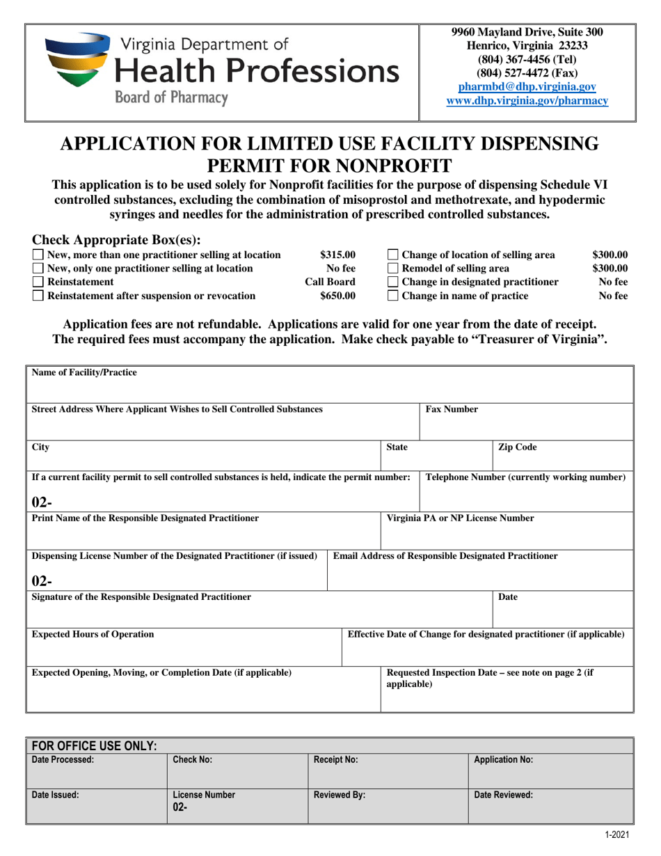 Application for Limited Use Facility Dispensing Permit for Nonprofit - Virginia, Page 1