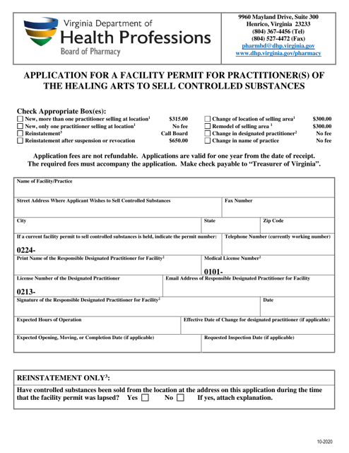 "Application for a Facility Permit for Practitioner(S) of the Healing Arts to Sell Controlled Substances" - Virginia Download Pdf